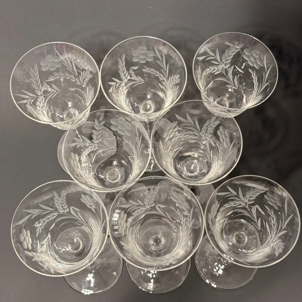 Vintage Etched Crystal Cordial Sherry Glasses Floral Leaf Long Stem Set of 8